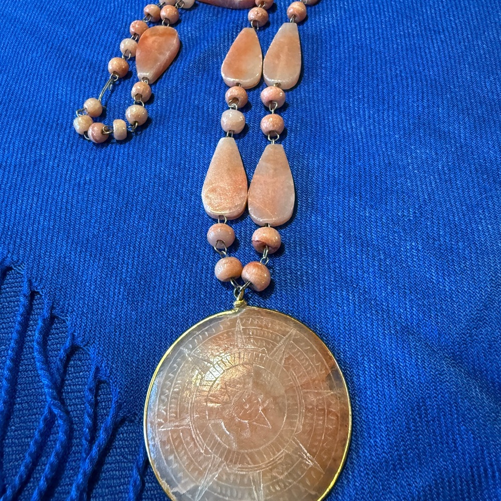 Vintage Peruvian Carnelian or Pink Agate Aztec Design Necklace